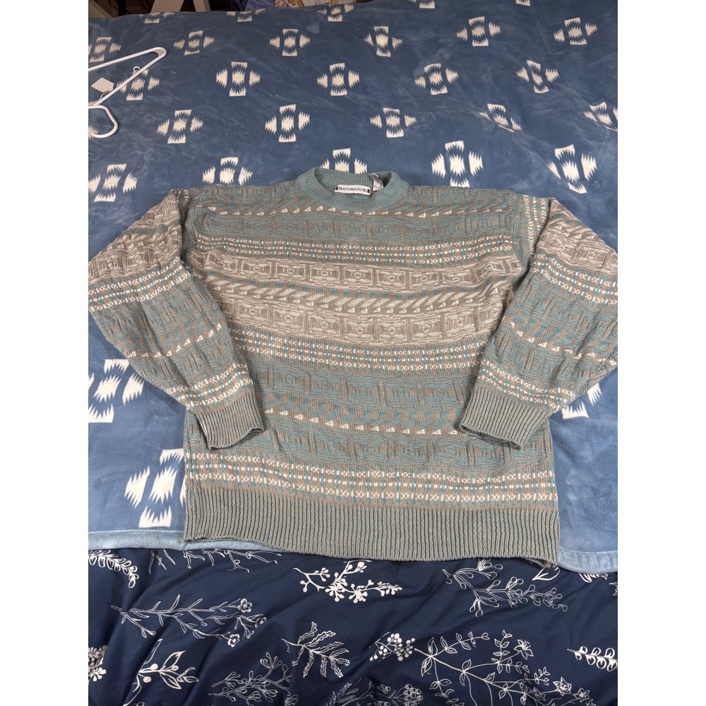 Vintage Saturdays Geometric Fair Isle Knit Sweater Sage Green Tan Large